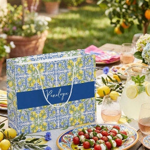 Mediterranean Lemon Blue Portuguese Tile Large Gift Bag