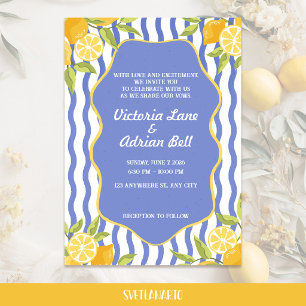 Mediterranean Lemon Blue Striped Wedding Invitation