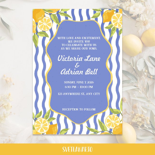 Mediterranean Lemon Blue Striped Wedding  Invitation (Front View)