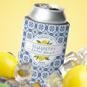 Mediterranean Lemon Blue Tile Bridal Shower Can Cooler