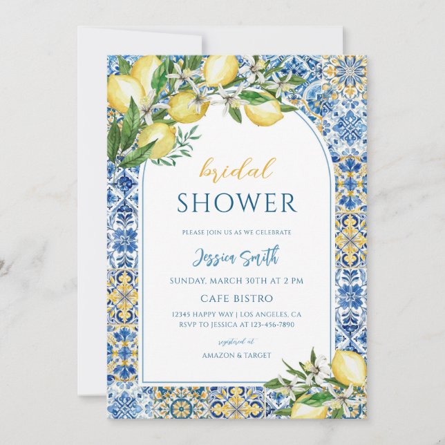 Mediterranean Lemon Blue Tile Bridal Shower Invitation (Front)