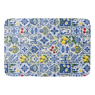 Mediterranean Lemon Blue Tile Citrus Garden Bath Mat