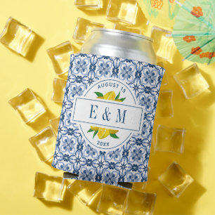 Mediterranean Lemon Blue Tile Wedding Can Cooler