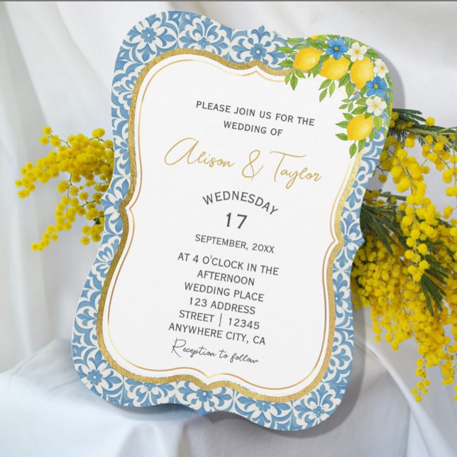 Mediterranean Lemon & Blue Tile Wedding Invitation (Mediterranean Lemon & Blue Tile Wedding Invitation #zazzlemade #lemoninvitation #yellowandblue #chic)