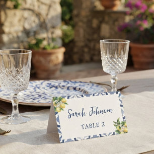 Mediterranean Lemon Blue Tile Wedding Place Card