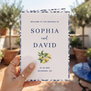 Mediterranean Lemon Blue Tile Wedding Program Card