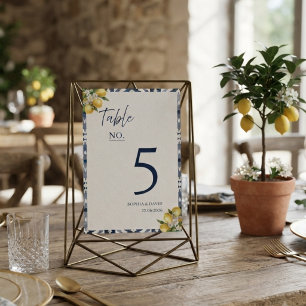 Mediterranean Lemon Blue Tile Wedding Table Number