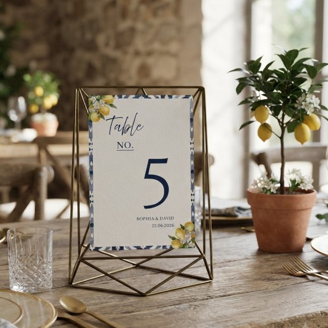 Mediterranean Lemon Blue Tile Wedding Table Number (Creator Uploaded)