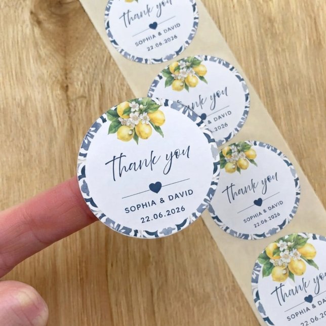 Mediterranean Lemon Blue Tile Wedding Thank You Classic Round Sticker (Creator Uploaded)