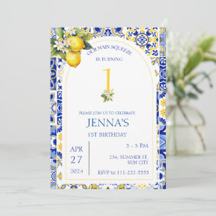 Mediterranean Lemon Blue Tiles 1st 2nd Birthday  Invitation