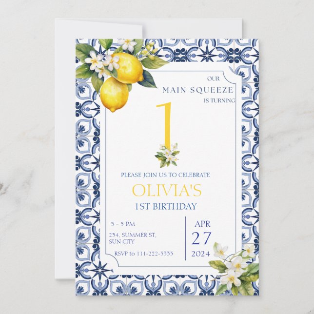 Mediterranean Lemon Blue Tiles 1st 2nd Birthday  Invitation (Front)