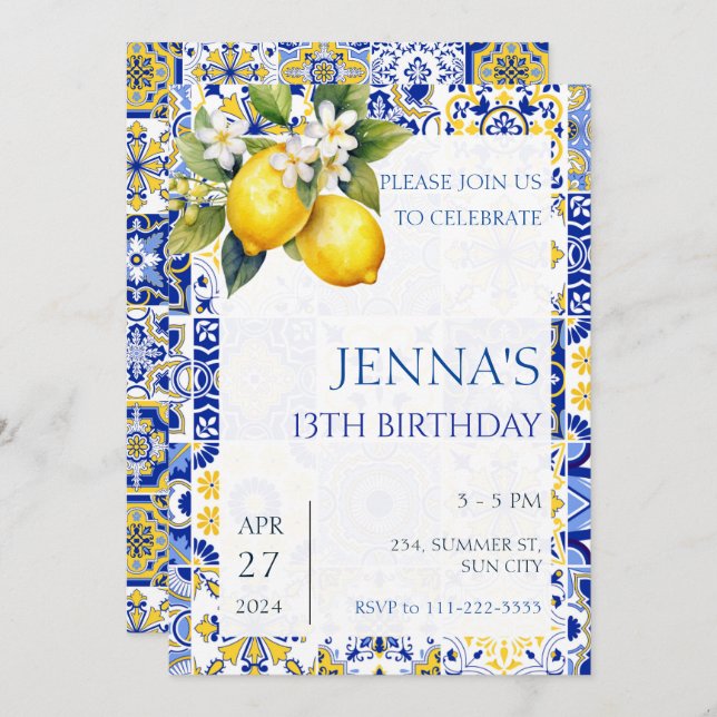 Mediterranean Lemon Blue Tiles Italian Birthday  Invitation (Front/Back)