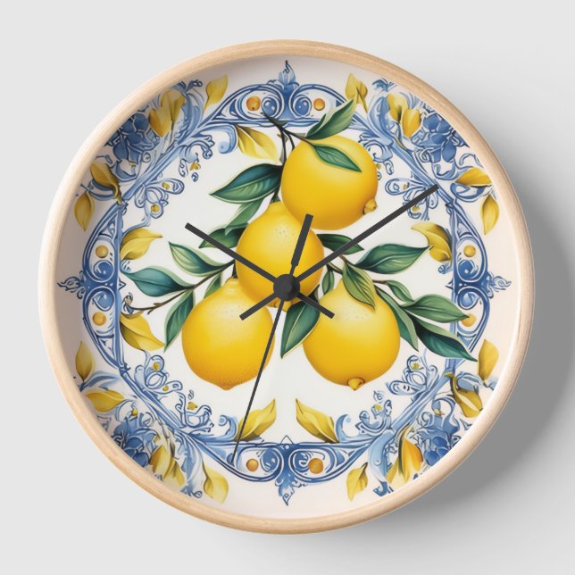 Mediterranean Lemon Blue & White Wall Clock (Front)