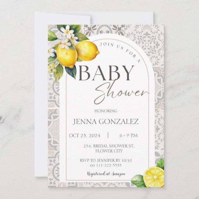 Mediterranean  Lemon Boho Tiles Baby Shower Invitation (Front)