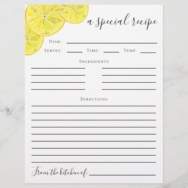 Mediterranean Lemon Bridal Shower Recipe Card (Front)