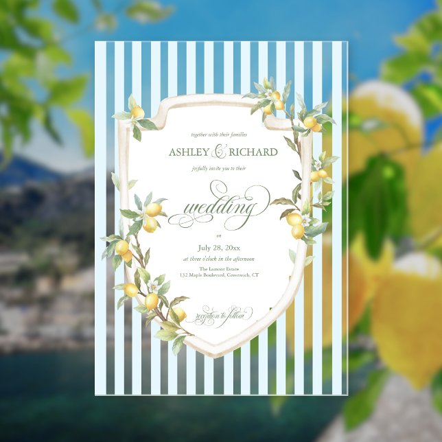 Mediterranean Lemon Coastal Stripe Wedding Acrylic Invitations (elegant mediterranean lemon coastal pale blue stripe wedding acrylic invitation)
