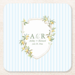 Mediterranean Lemon Coastal Stripe Wedding Square Paper Coaster