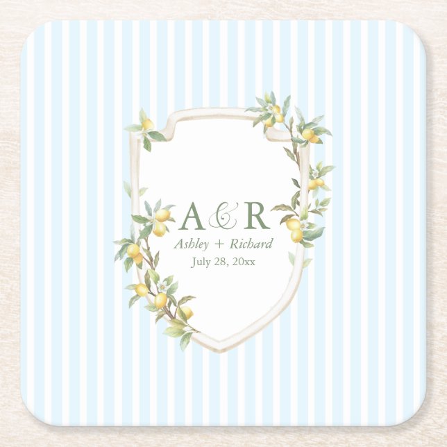 Mediterranean Lemon Coastal Stripe Wedding Square Paper Coaster (Front)