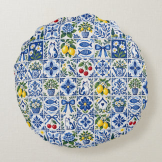 Mediterranean Lemon & Cobalt Blue Tile Garden Round Cushion
