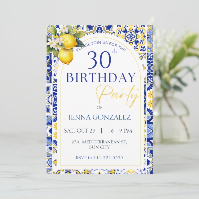 Mediterranean Lemon Italian 30th Any Age Birthday  Invitation (Standing Front)