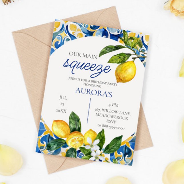 Mediterranean Lemon Our Main Squeeze Birthday Invitation (Creator Uploaded)