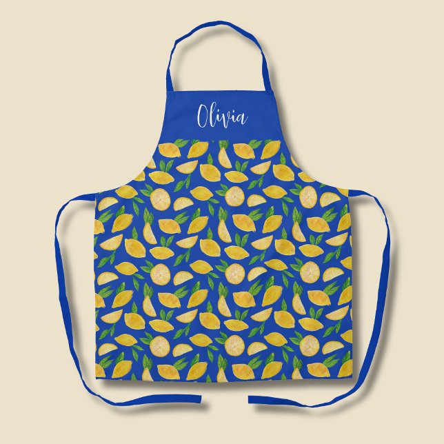 Mediterranean Lemon pattern Apron (Citrus lemon blue pattern personalised kitchen apron)