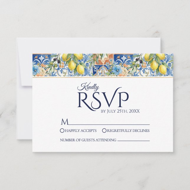 Mediterranean Lemon Tile Blue Wedding RSVP Cards (Front)