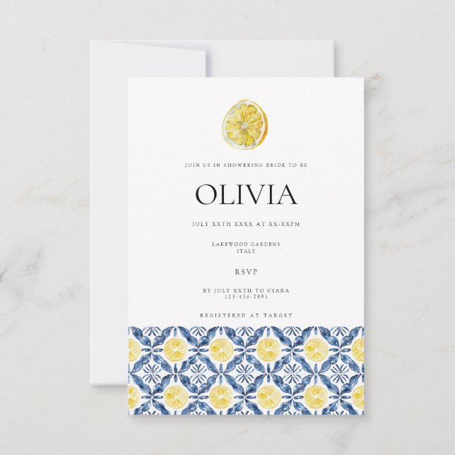 Mediterranean Lemon Tile Bridal Shower Card (Back)