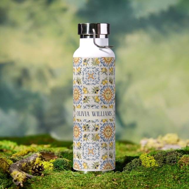 Mediterranean Lemon Tile Italian Coastal Design Water Bottle (Outdoor (Rotated))