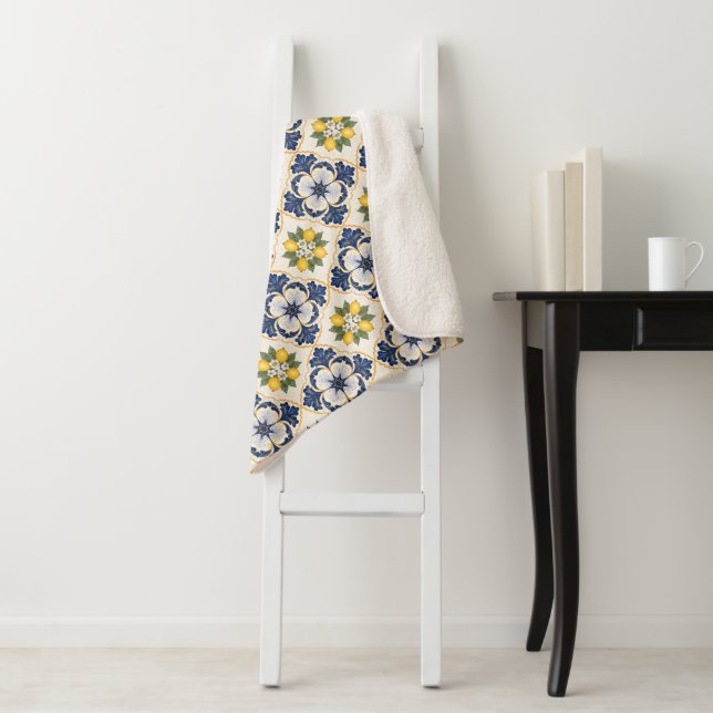 Mediterranean Lemon Tile Italian Talavera Sherpa Blanket (In Situ)
