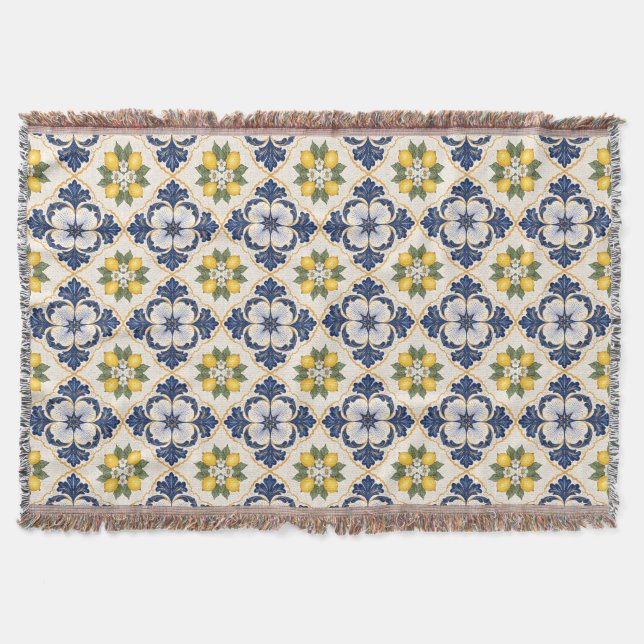 Mediterranean Lemon Tile Italian Talavera Throw Blanket (Front)