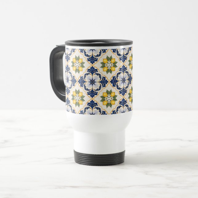 Mediterranean Lemon Tile Italian Talavera Travel Mug (Front Left)