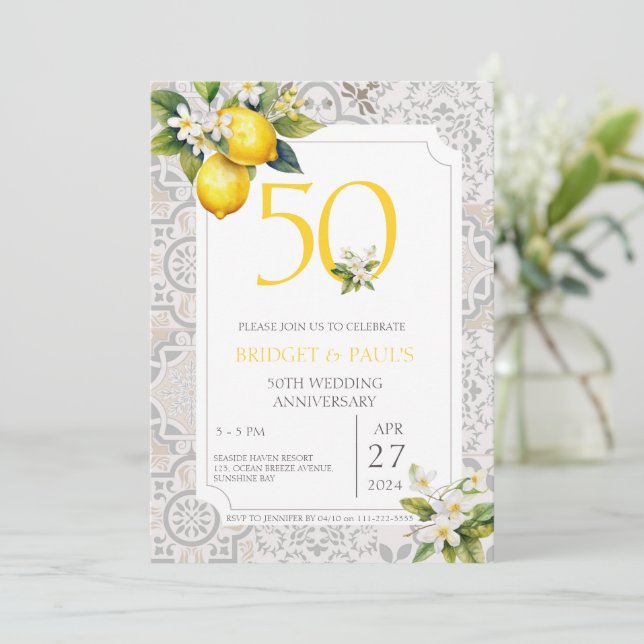 Mediterranean Lemon Tiles 50th Wedding Anniversary Invitation (Standing Front)