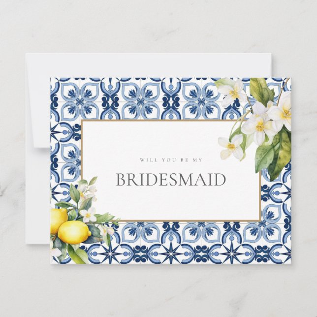 Mediterranean Lemon Tiles Bridesmaid Proposal Card (Front)