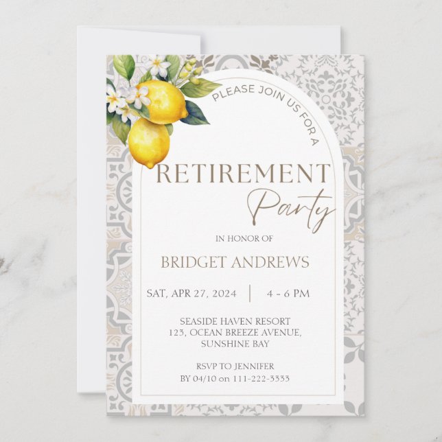 Mediterranean Lemon Tiles Retirement Party Women Invitation (Front)
