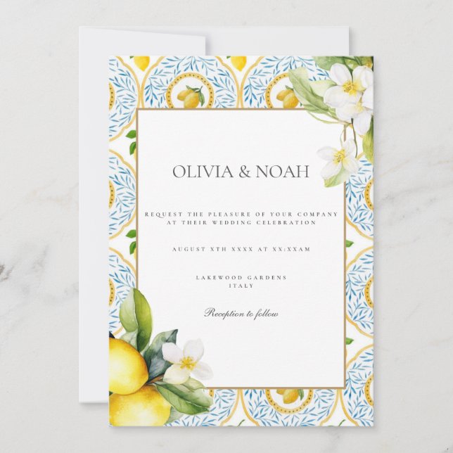 Mediterranean Lemon Tiles Wedding Invitation (Front)