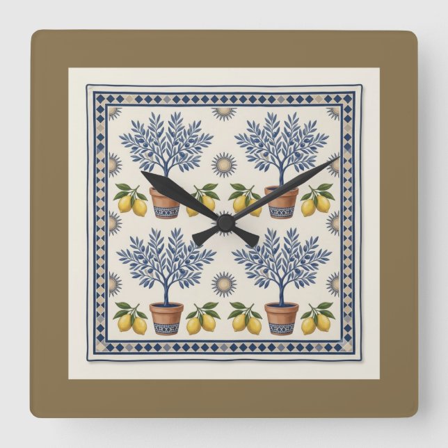 Mediterranean Lemon Tree Square Wall Clock (Front)