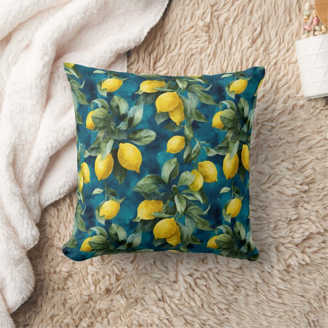 Mediterranean Lemon Watercolor Blue Yellow Pattern Cushion (Blanket)