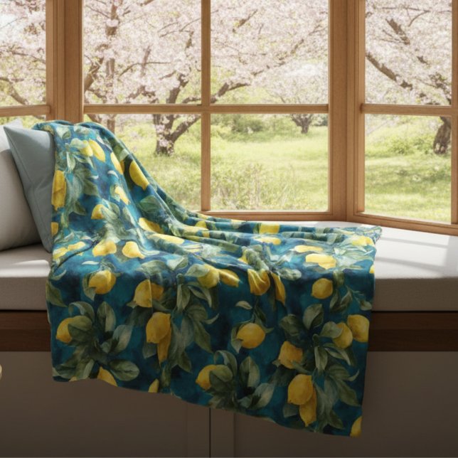 Mediterranean Lemon Watercolor Blue Yellow Pattern Fleece Blanket (Creator Uploaded)