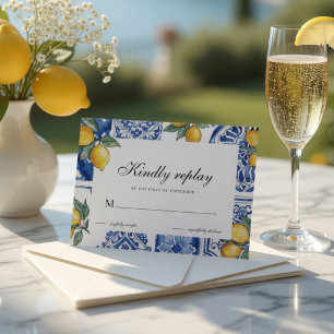 Mediterranean Lemon Wedding Blue Tile RSVP Card