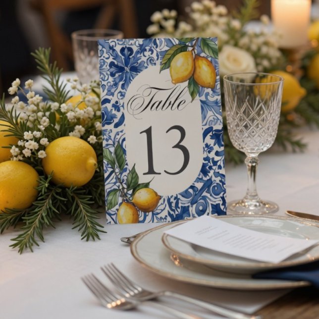 Mediterranean Lemon Wedding  Blue Tile Table Number (Creator Uploaded)