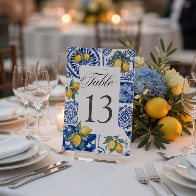 Mediterranean Lemon Wedding Blue Tile Table Number (Creator Uploaded)