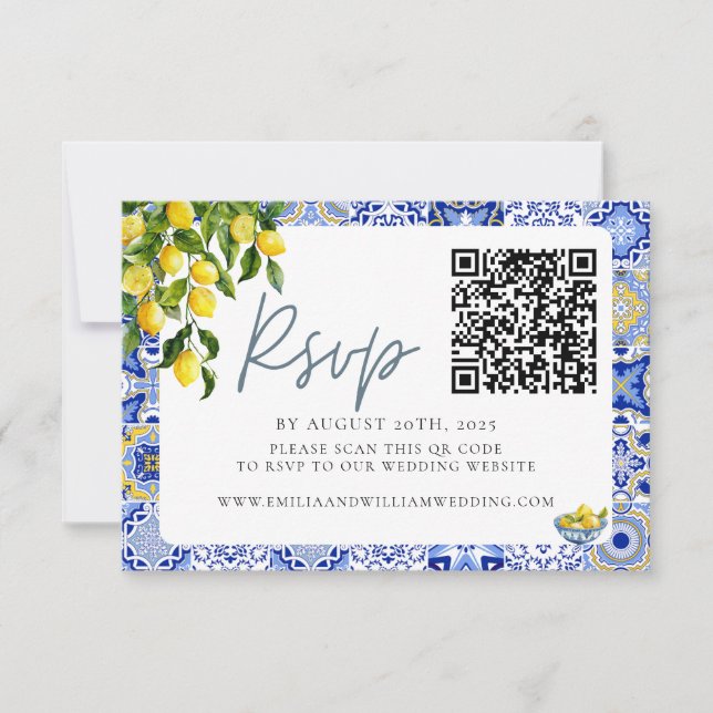 Mediterranean Lemon Wedding QR Code RSVP Card (Front)