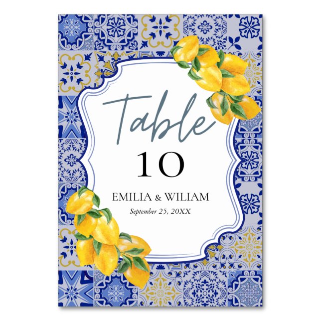 Mediterranean Lemon Wedding Table Number (Front)