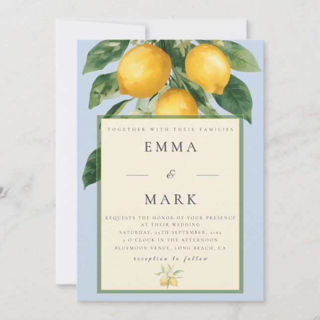 Mediterranean Lemon with QR Code | Blue Invitation (Front)