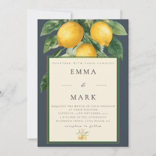 Mediterranean Lemon with QR Code Charcoal Blue Invitation