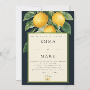 Mediterranean Lemon with QR Code Navy Blue Invitation
