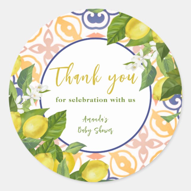 Mediterranean Lemon Yellow Fruit Baby Shower Classic Round Sticker (Front)