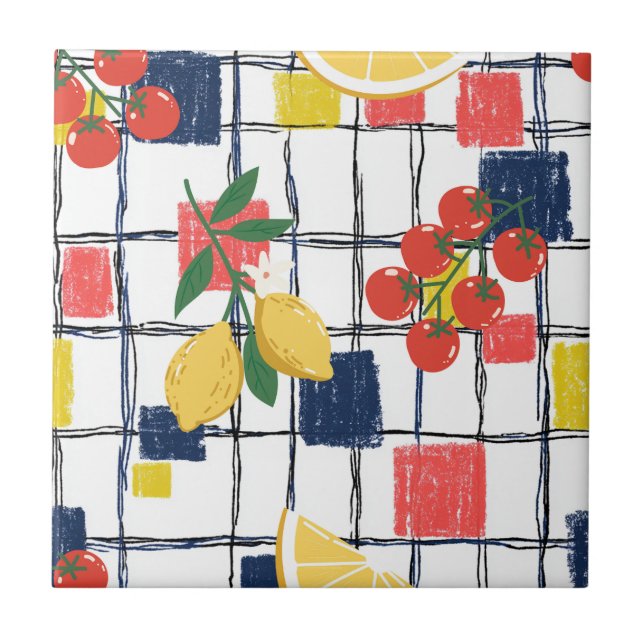 Mediterranean Lemons and Tomatoes Plaid Tile (Front)