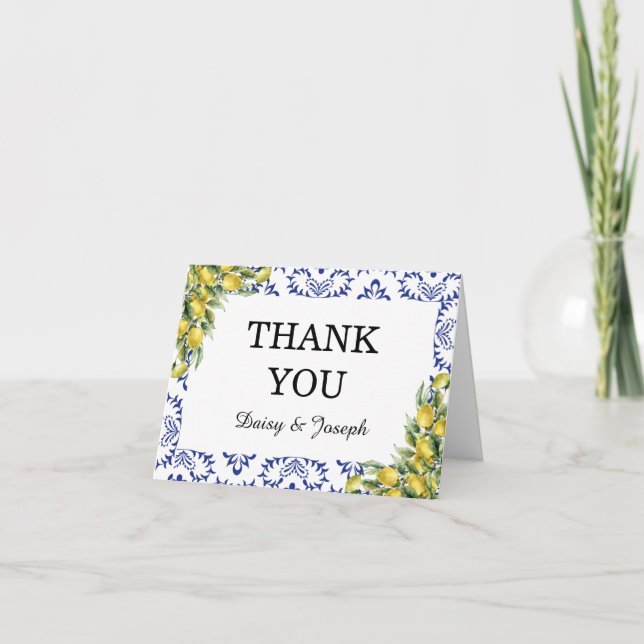 Mediterranean Lemons Blue Mosaic Tile Wedding Thank You Card (Front)